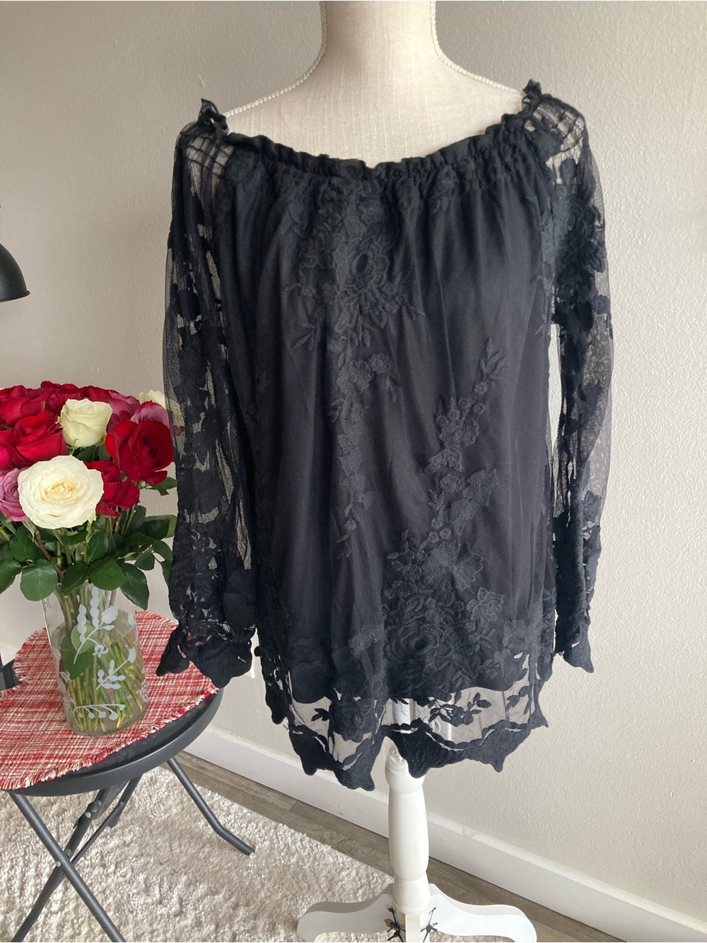 Marled Black Lace Off-Shoulder Blouse